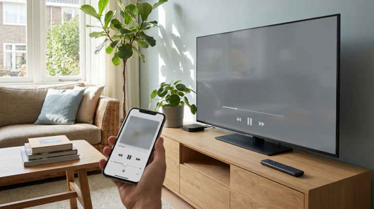 Smartphone met afspeelbediening naast een televisie voor IPTV kijken via Chromecast