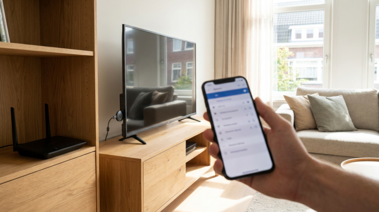 Iemand controleert met een smartphone de wifi-verbinding van een Chromecast bij de televisie
