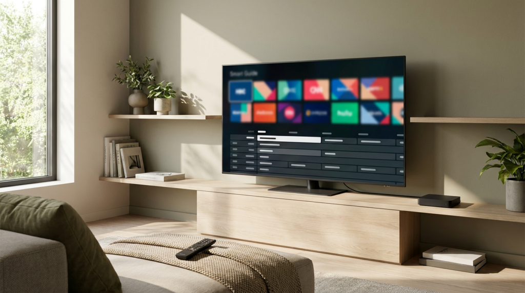 Smart-tv met een generieke IPTV-interface en afstandsbediening in een moderne woonkamer