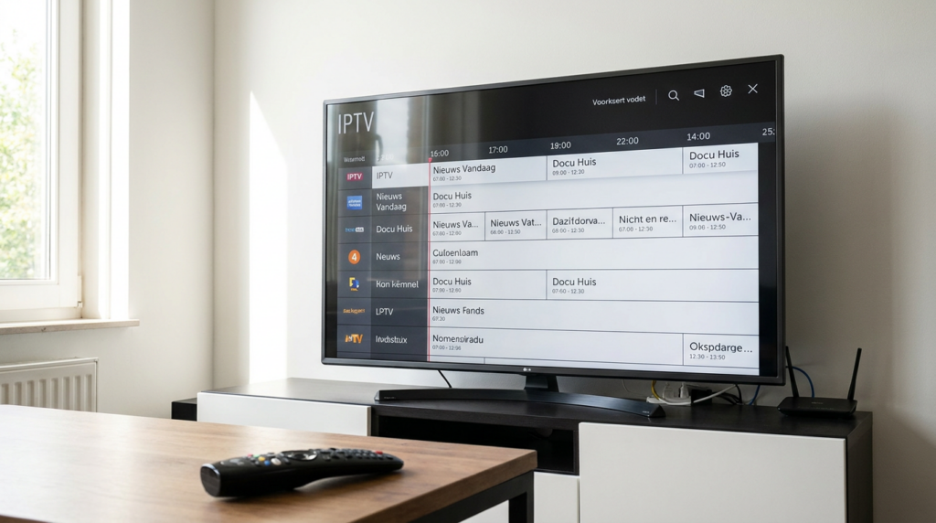 LG Smart TV met een Nederlandstalige IPTV-speler en programmagids in een woonkamer