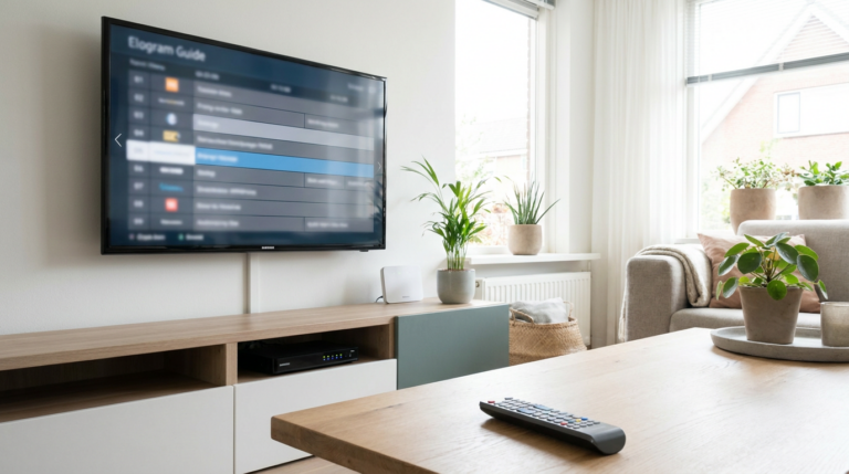 Samsung-smart-tv met een overzichtelijke IPTV-programmagids in een woonkamer