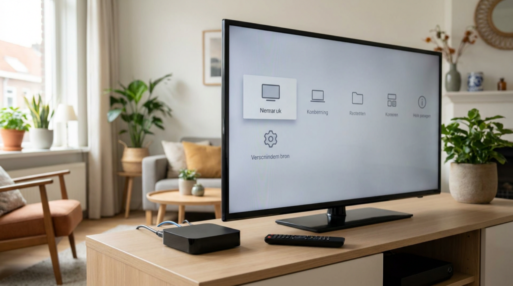 IPTV-mediabox met afstandsbediening naast een televisie op een houten tv-meubel