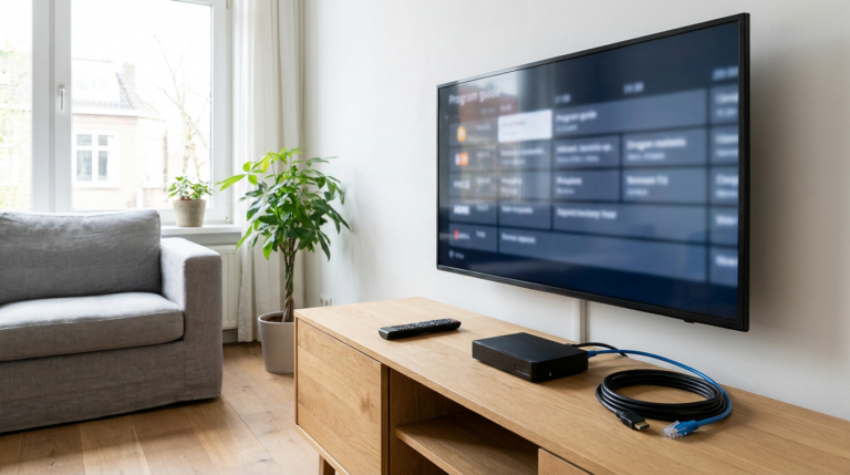 Televisie met compacte IPTV-ontvanger, afstandsbediening en kabels voor eenvoudige aansluiting