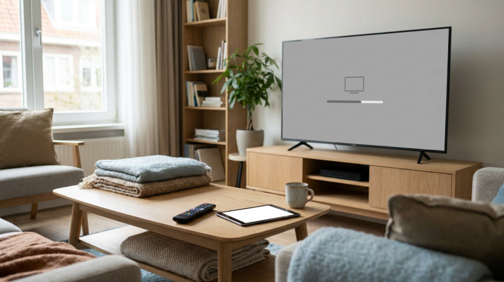 Slimme televisie met installatiescherm voor een IPTV-speler en een afstandsbediening