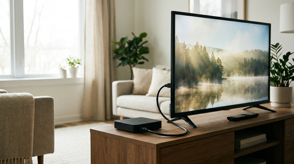 Digitale decoder naast een televisie, verbonden met een HDMI-kabel
